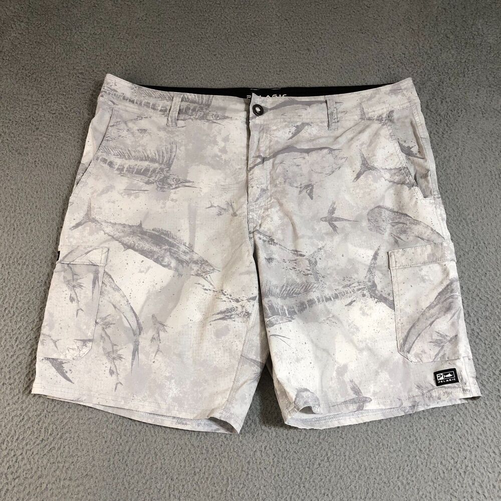 Pelagic Shorts Mens 40 Gray Cargo Allover Fish Logo Performance Surf Outdoor